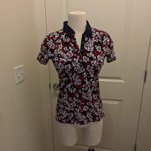 Tommy Hilfiger Navy Blue And Red Hawaiian Print Polo XS